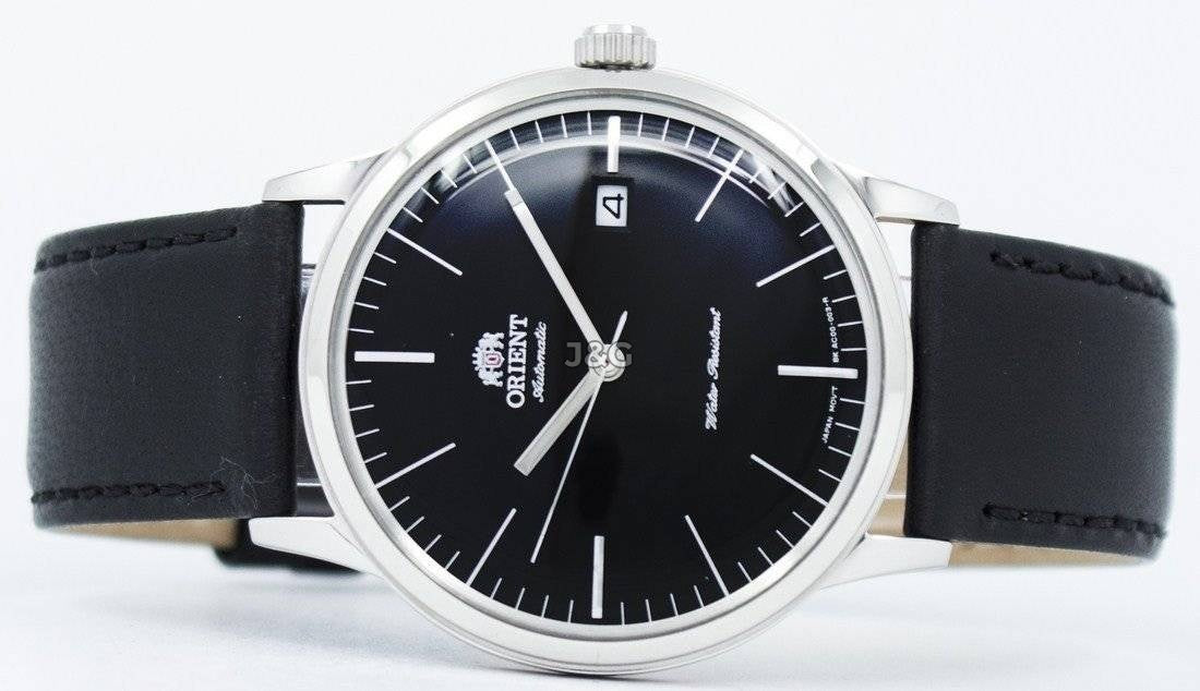 Orient Bambino Automatic movement Black Leather Male FAC0000DB0. A brand-new Orient Bambino watch featuring a Black dial and a Leather strap. Side view. - view 4