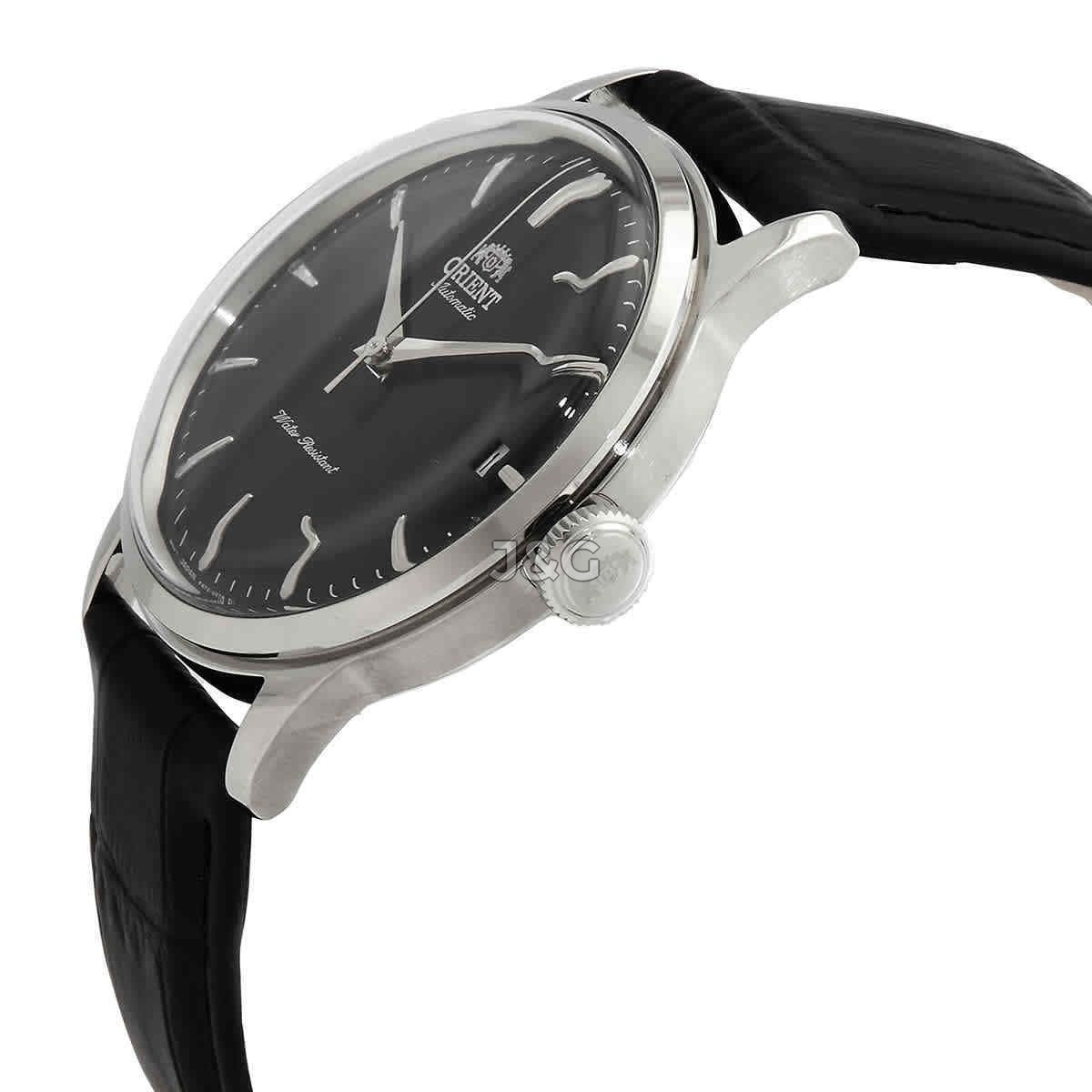 Orient Bambino Automatic movement Black Leather Male RA-AC0M02B10B. A brand-new Orient Bambino watch featuring a Black dial and a Leather strap. Angled view. - view 2
