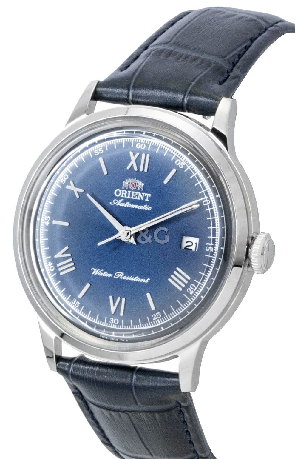 Orient Bambino Automatic movement Blue Leather Male RA-AC0024L. A brand-new Orient Bambino watch featuring a Blue dial and a Leather strap. Angled view. - view 2