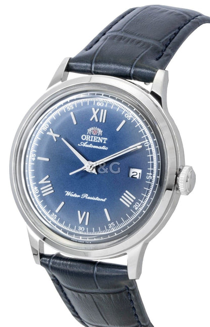 Orient Bambino Automatic movement Blue Leather Male RA-AC0024L. A brand-new Orient Bambino watch featuring a Blue dial and a Leather strap. Angled view. - view 2