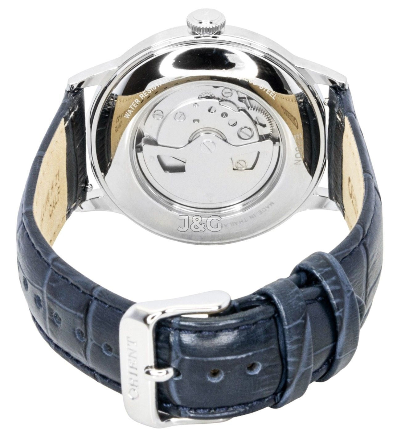 Orient Bambino Automatic movement Blue Leather Male RA-AC0024L. A brand-new Orient Bambino watch featuring a Blue dial and a Leather strap. Angled view. - view 3