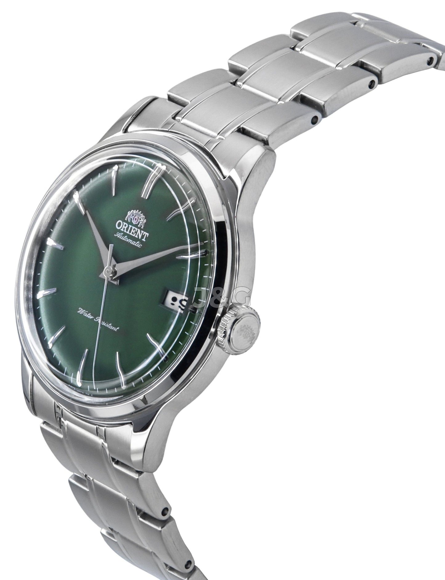 Orient Bambino Automatic movement Grass Green Stainless steel Male RA-AC0M09E. A brand-new Orient Bambino watch featuring a Grass Green dial and a Stainless steel strap. Side view. - view 2
