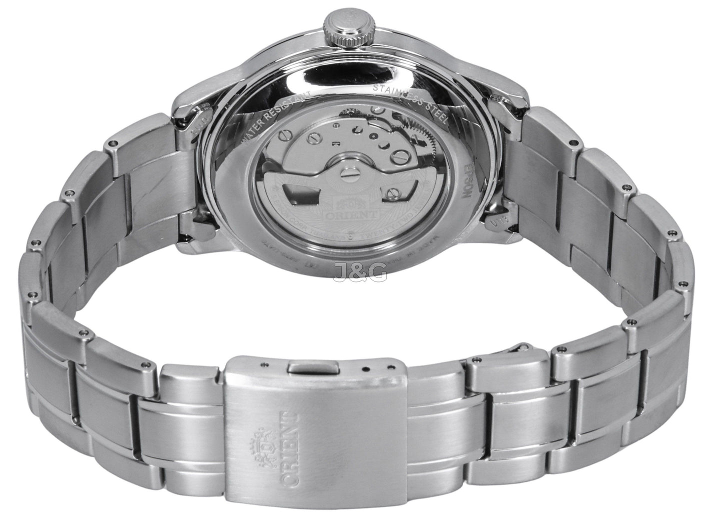 Orient Bambino Automatic movement Grass Green Stainless steel Male RA-AC0M09E. A brand-new Orient Bambino watch featuring a Grass Green dial and a Stainless steel strap. Side view. - view 3