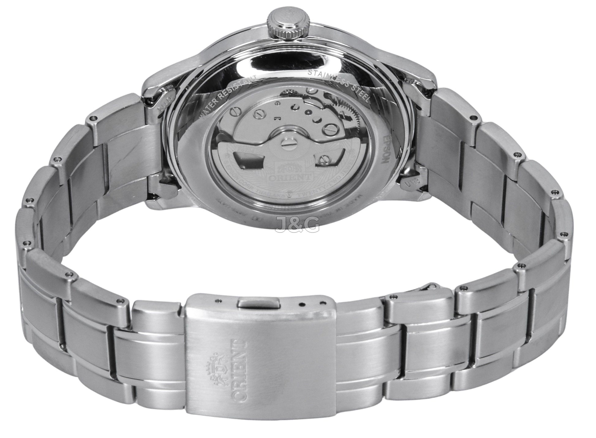 Orient Bambino Automatic movement Grass Green Stainless steel Male RA-AC0M09E. A brand-new Orient Bambino watch featuring a Grass Green dial and a Stainless steel strap. Side view. - view 3