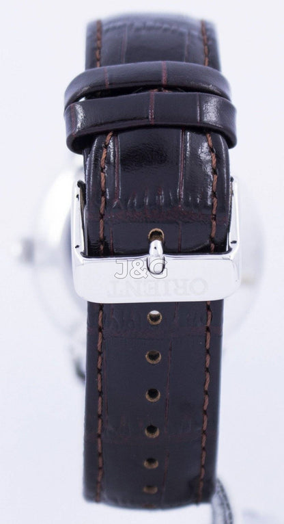 Orient Bambino Automatic movement White Leather Male FAC00005W0. A brand-new Orient Bambino watch featuring a White dial and a Leather strap. Angled view. - view 3