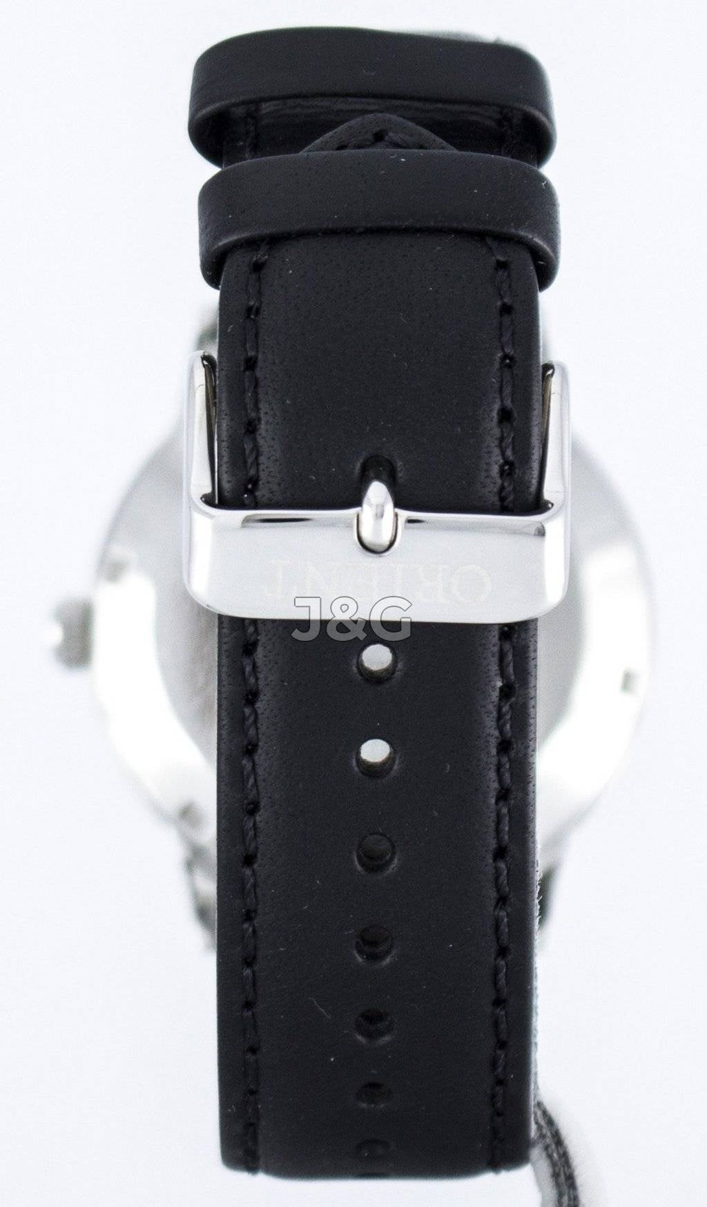 Orient Bambino Automatic movement White Leather Male FAC0000DD0. A brand-new Orient Bambino watch featuring a White dial and a Leather strap. Angled view. - view 3