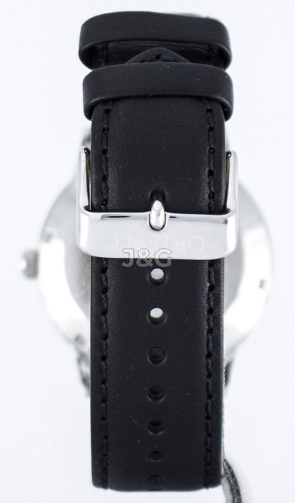 Orient Bambino Automatic movement White Leather Male FAC0000DD0. A brand-new Orient Bambino watch featuring a White dial and a Leather strap. Angled view. - view 3