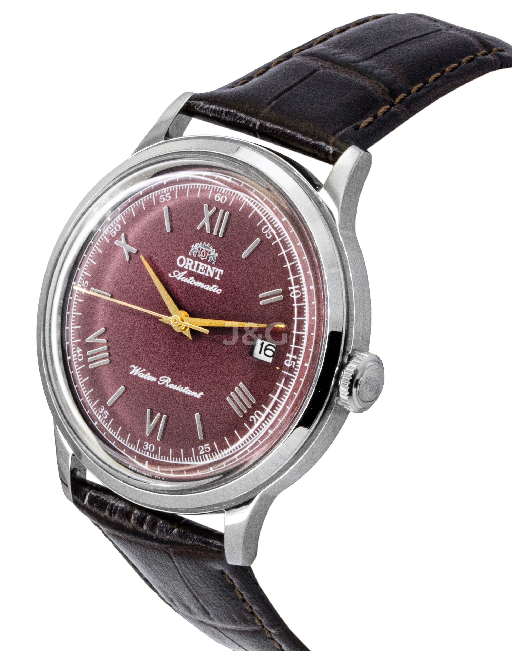 Orient Classic Automatic movement Bordeaux Leather Male RA-AC0026R. A brand-new Orient Classic watch featuring a Bordeaux dial and a Leather strap. Angled view. - view 2