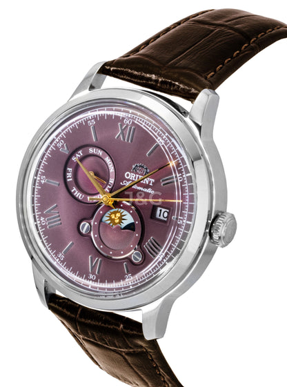 Orient Classic Automatic movement Bordeaux Leather Male RA-AK0807R. A brand-new Orient Classic watch featuring a Bordeaux dial and a Leather strap. Front view. - view 2