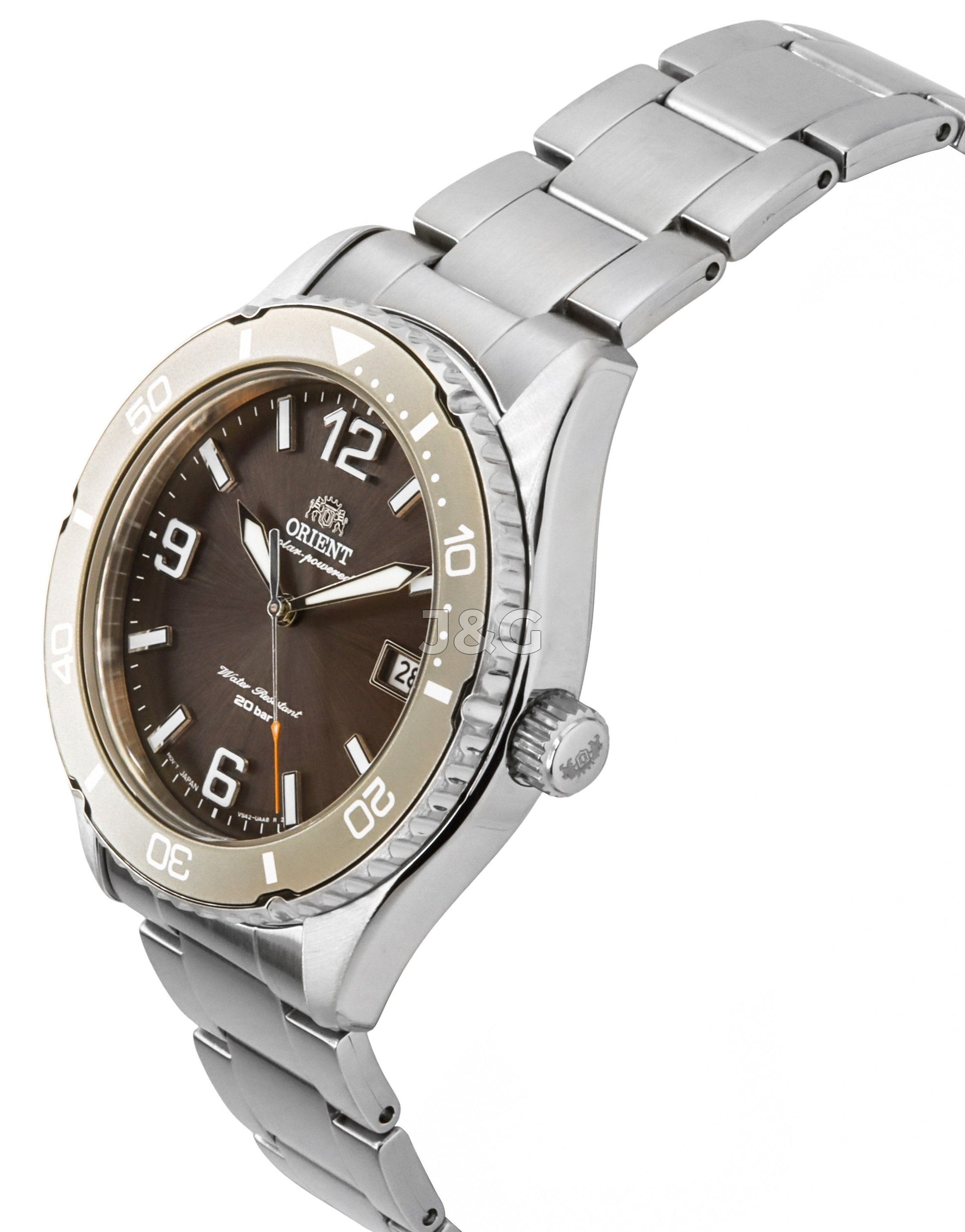 Orient Mako Date display White Stainless steel Male RA-WJ0004Y. A brand-new Orient Mako watch featuring a White dial and a Stainless steel strap. Side view. - view 3