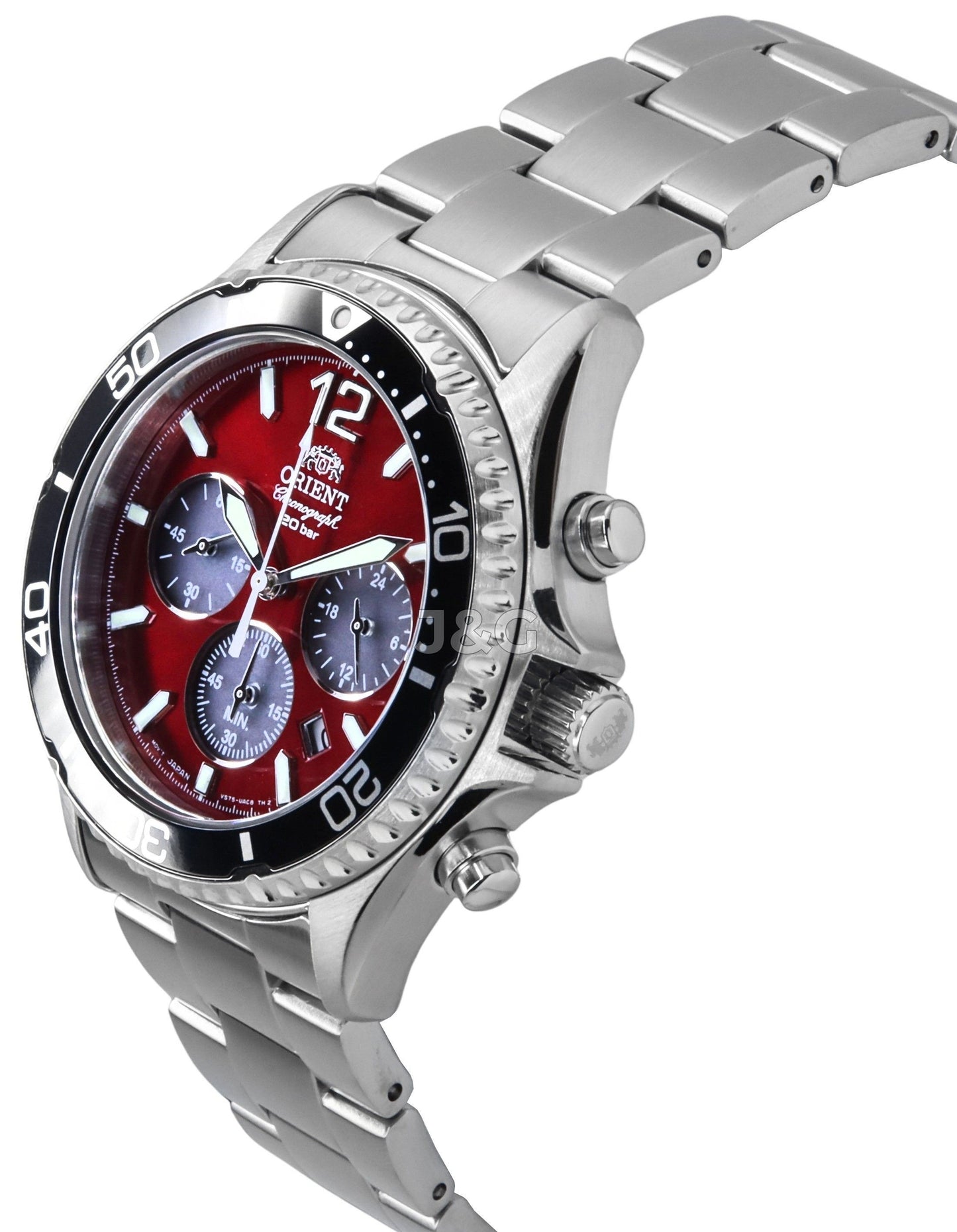 Orient Sports Date display Red Stainless steel Male RA-TX0207R. A brand-new Orient Sports watch featuring a Red dial and a Stainless steel strap. Front view. - view 3