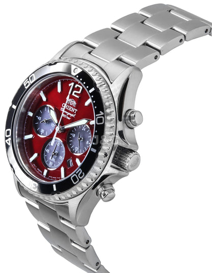 Orient Sports Date display Red Stainless steel Male RA-TX0207R. A brand-new Orient Sports watch featuring a Red dial and a Stainless steel strap. Front view. - view 3