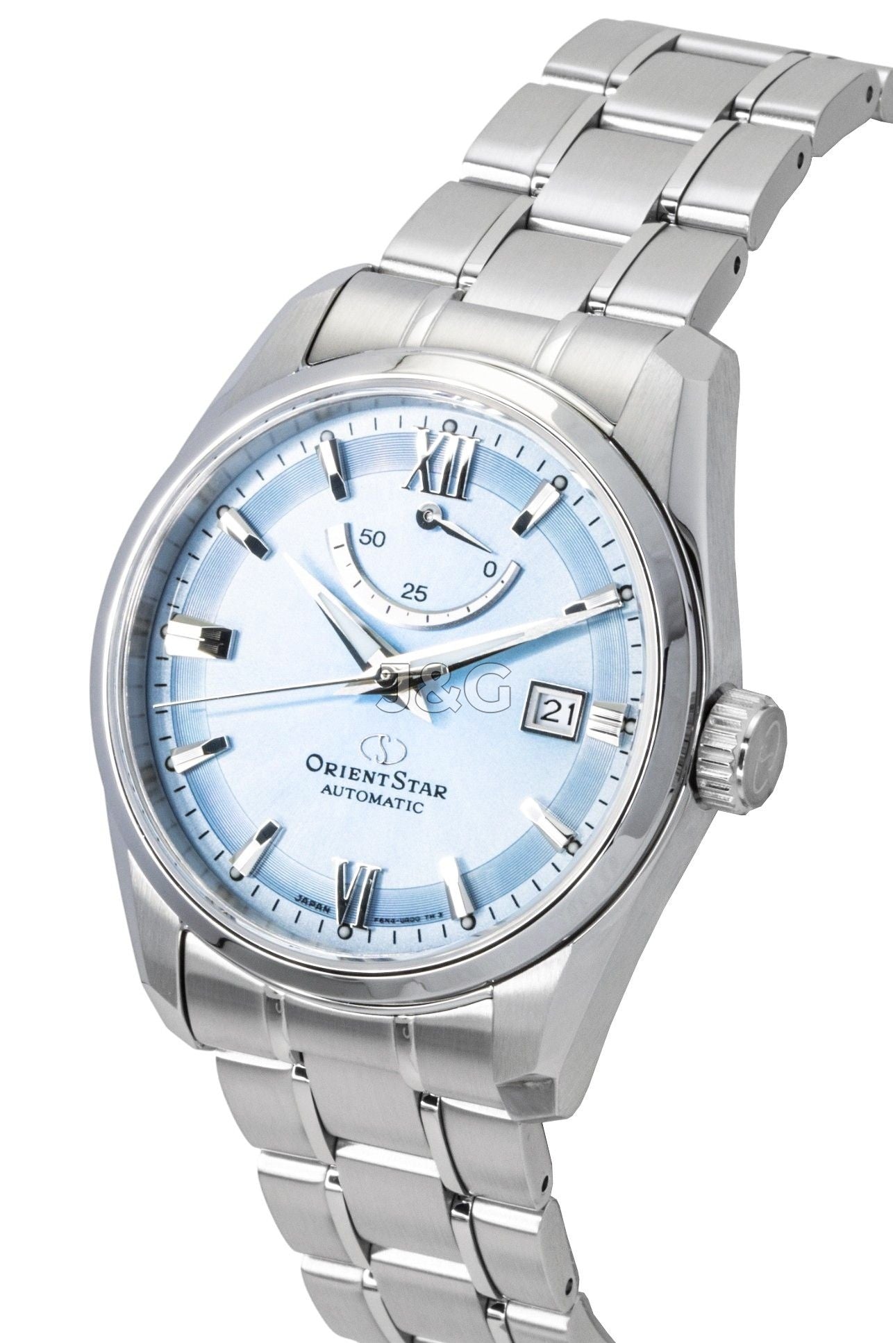 Orient Star Contemporary Automatic movement Blue Stainless steel Male RE-AU0109L. A brand-new Orient Star watch featuring a Blue dial and a Stainless steel strap. Angled view. - view 3