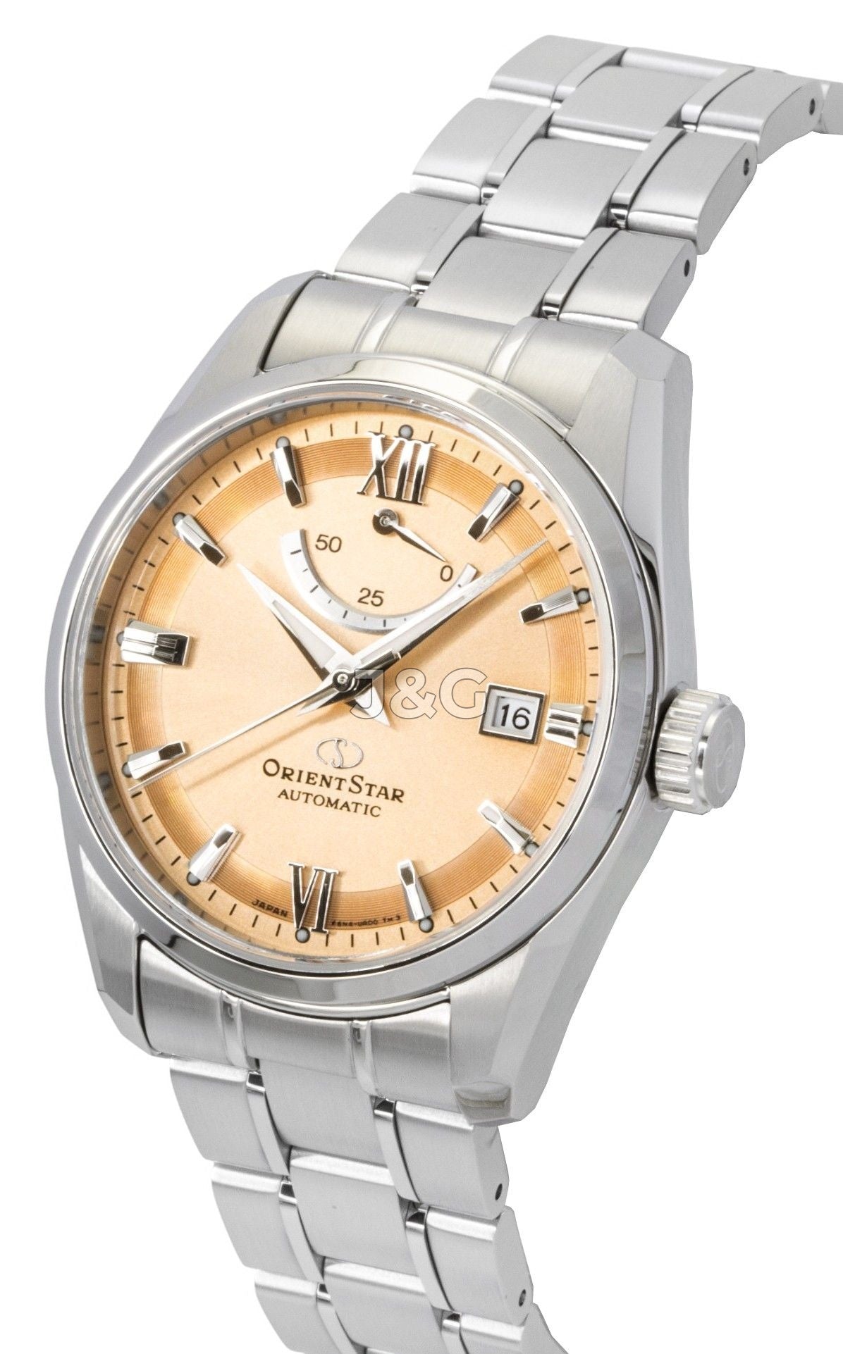 Orient Star Contemporary Automatic movement Copper Stainless steel Male RE-AU0108G. A brand-new Orient Star watch featuring a Copper dial and a Stainless steel strap. Front view. - view 3