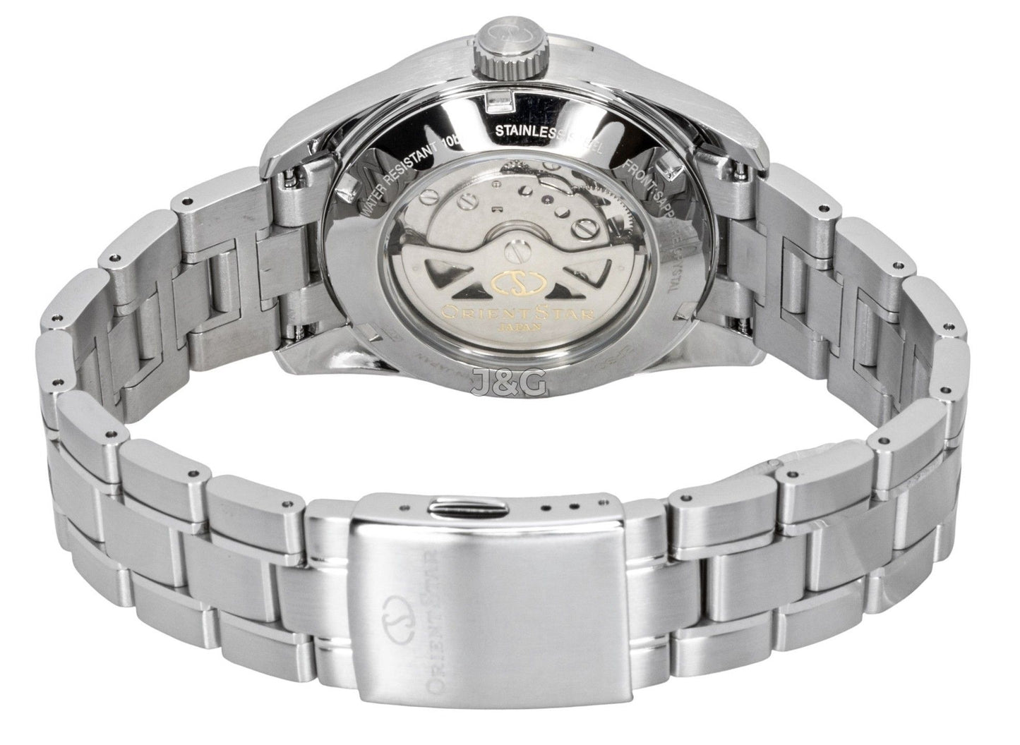 Orient Star Contemporary Automatic movement Grey Stainless steel Male RE-AU0110N. A brand-new Orient Star watch featuring a Grey dial and a Stainless steel strap. Angled view. - view 4