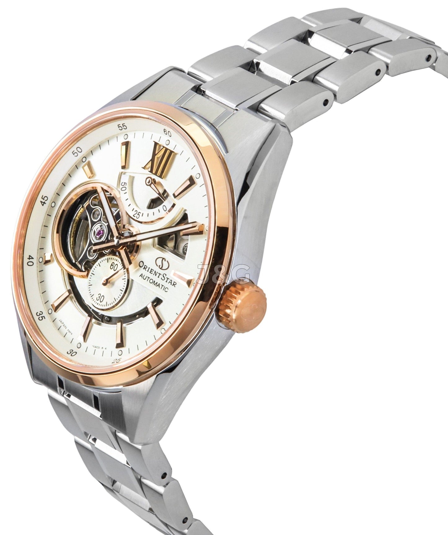 Orient Star Contemporary Automatic movement Ivory Stainless steel Male RE-AV0123G. A brand-new Orient Star watch featuring a Ivory dial and a Stainless steel strap. Front view. - view 3