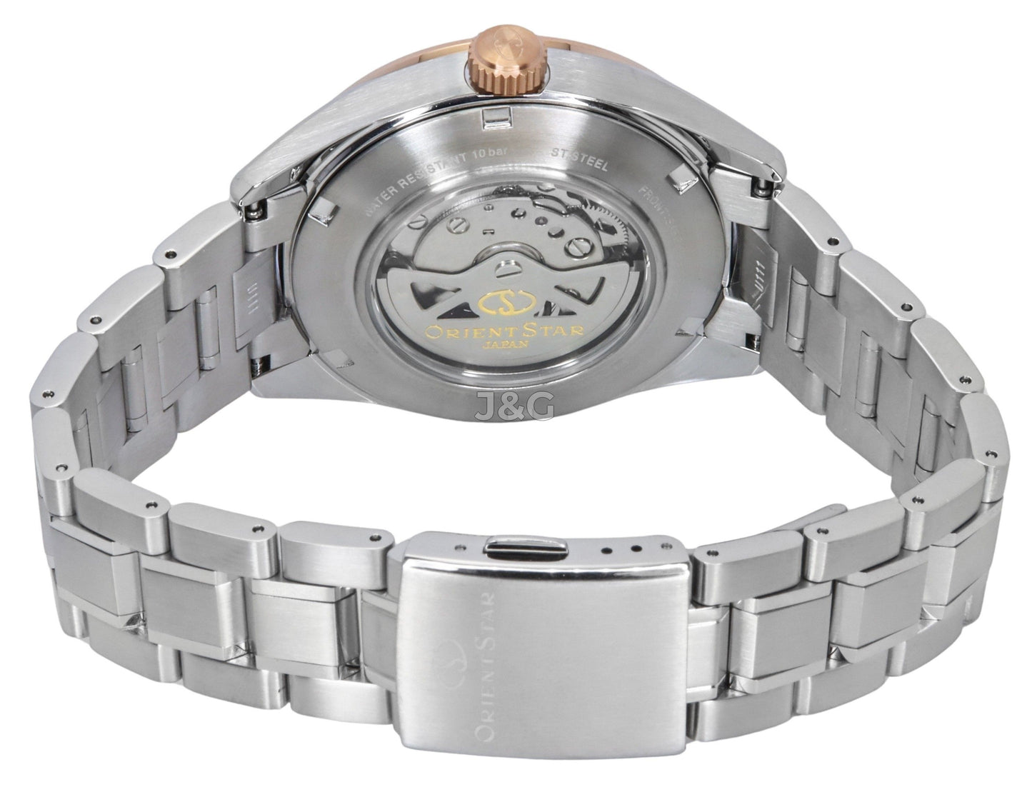 Orient Star Contemporary Automatic movement Ivory Stainless steel Male RE-AV0123G. A brand-new Orient Star watch featuring a Ivory dial and a Stainless steel strap. Front view. - view 4
