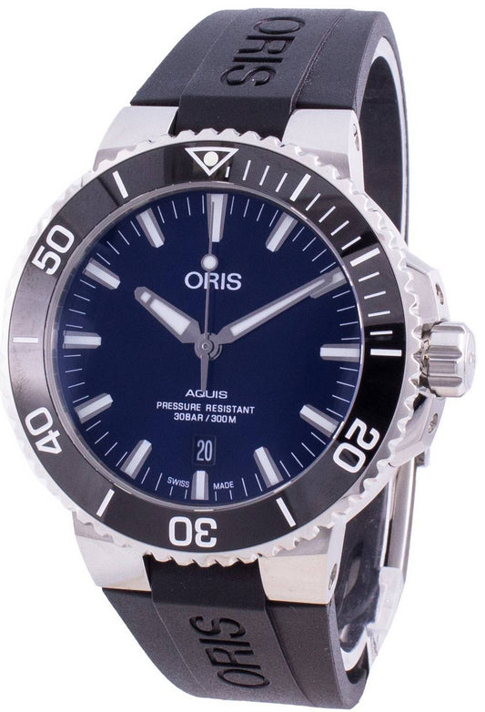 Oris Aquis Date Automatic 300M Stainless Steel. A brand-new Oris Aquis watch featuring a Rubber strap. Front view.
