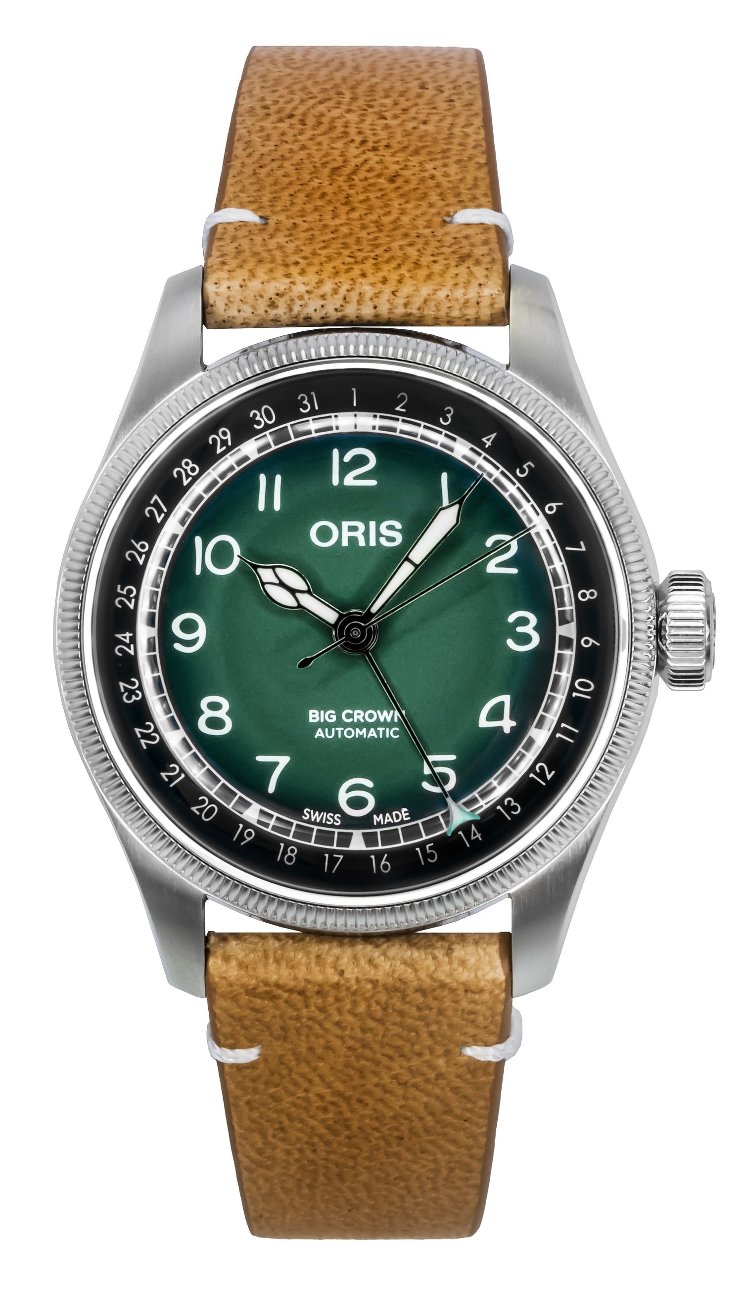 Oris Big Crown Cervo Volante Leather Strap Green Dial. A brand-new Oris Big Crown watch featuring a Green dial and a Leather strap. Front view.