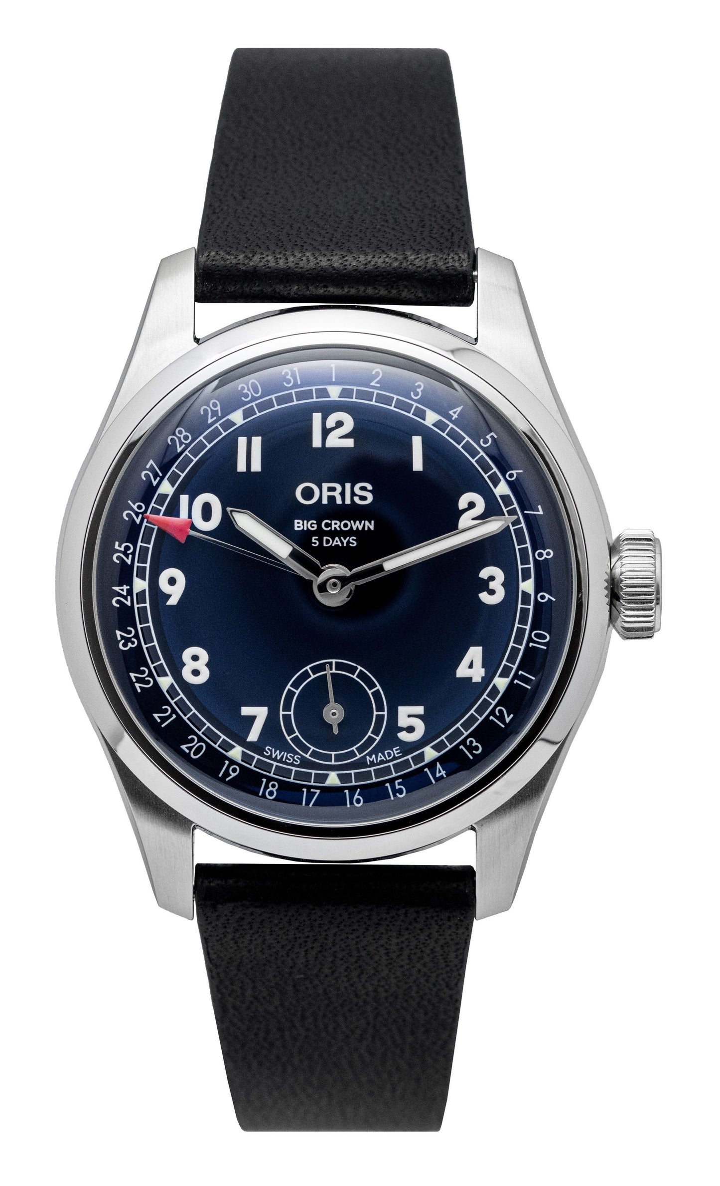 Oris Big Crown Pointer Date Calibre 403 Leather Strap Blue. A brand-new Oris Big Crown watch featuring a Blue dial and a Leather strap. Angled view.