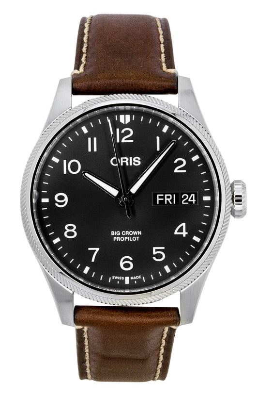 Oris Big Crown ProPilot Big Day Date Grey Dial Automatic 01. A brand-new Oris Big Crown watch featuring a Grey dial and a Stainless steel strap. Side view.