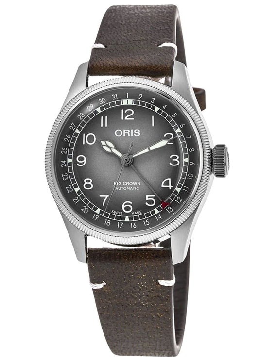 Oris Big Crown x Cervo Volante Leather Strap Grey Dial. A brand-new Oris Big Crown watch featuring a Grey dial and a Leather strap. Side view.
