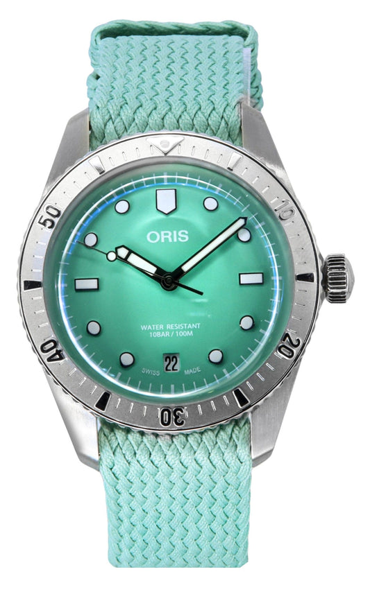 Oris Divers Sixty-Five Cotton Candy Mint Green Dial. A brand-new Oris Divers Sixty-Five watch featuring a Green dial and a Polyester strap. Side view.