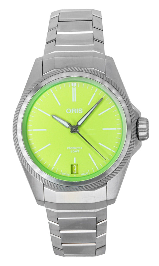 Oris ProPilot X Kermit Edition Titanium Green Dial. A brand-new Oris ProPilot watch featuring a Green dial and a Titanium strap. Angled view.