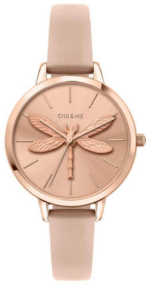 Oui & Me Amourette Rose Gold Sunray Dial Leather Strap. A brand-new Oui & Me Amourette watch featuring a Rose Gold dial and a Leather strap. Angled view.