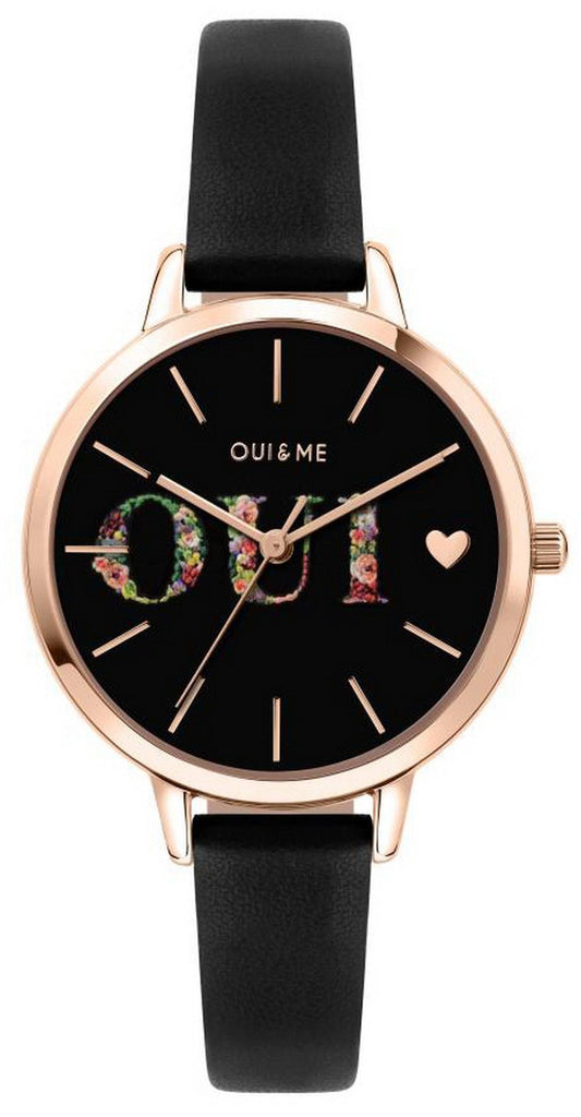 Oui & Me Fleurette Black Dial Leather Strap Quartz ME010079. A brand-new Oui & Me Fleurette watch featuring a Black dial and a Leather strap. Front view.