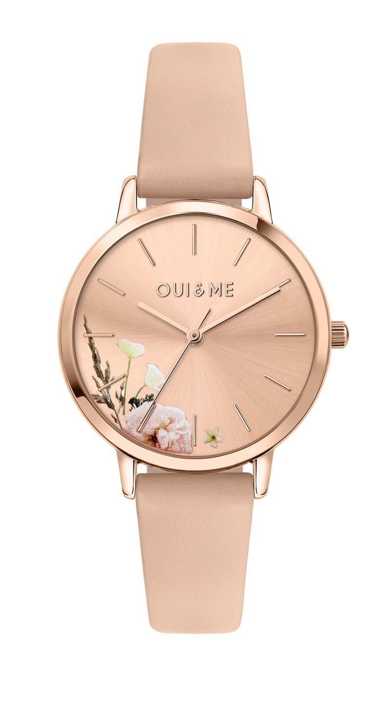 Oui & Me Fleurette Pink Leather Strap Rose Gold Dial Quartz. A brand-new Oui & Me Fleurette watch featuring a Gold dial and a Leather strap. Angled view.