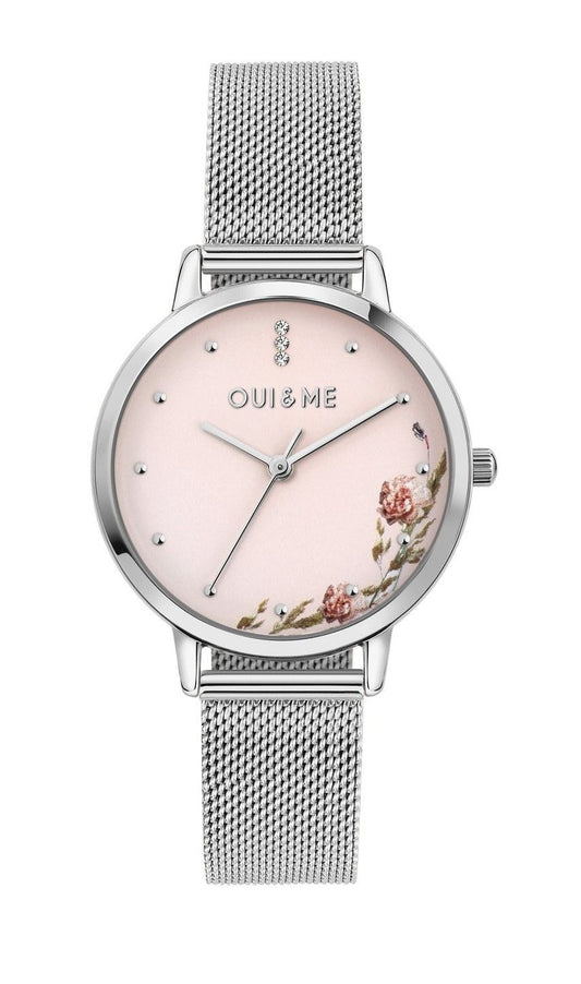 Oui & Me Fleurette Stainless Steel Mesh Pink Dial Quartz. A brand-new Oui & Me Fleurette watch featuring a Pink dial and a Stainless steel strap. Side view.