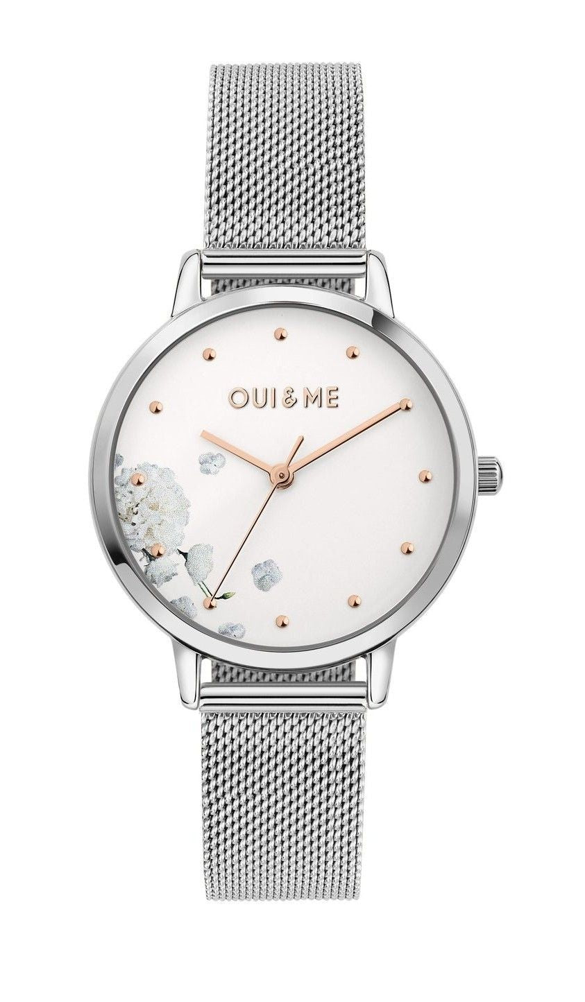 Oui & Me Fleurette Stainless Steel Mesh White Dial Quartz. A brand-new Oui & Me Fleurette watch featuring a White dial and a Stainless steel strap. Front view.