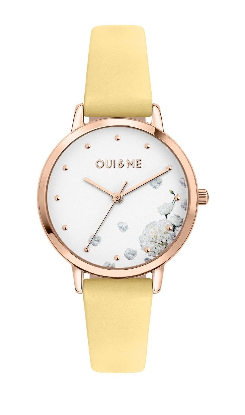 Oui & Me Fleurette Yellow Leather Strap White Dial Quartz. A brand-new Oui & Me Fleurette watch featuring a White dial and a Leather strap. Angled view.