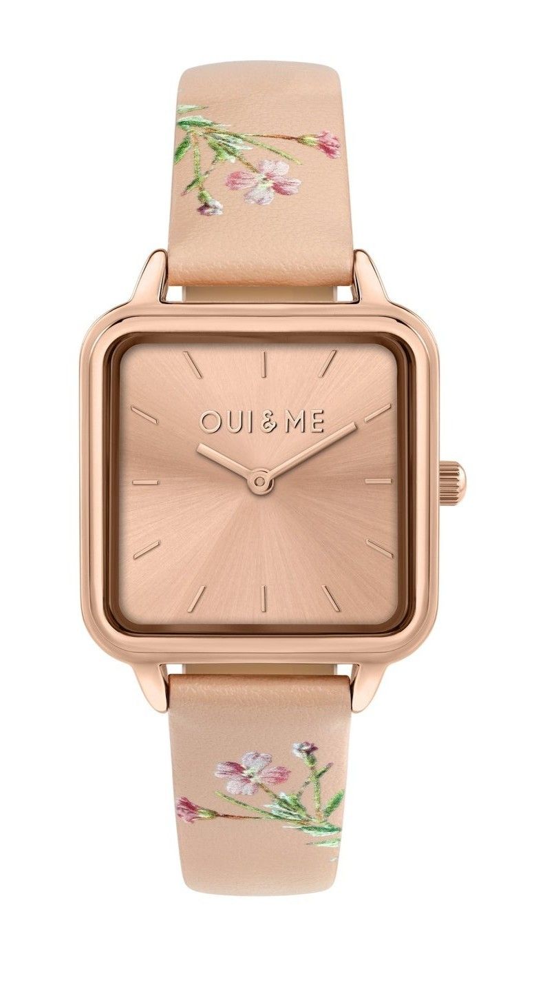 Oui & Me Harmonie Pink Leather Strap Rose Gold Dial Quartz. A brand-new Oui & Me Harmonie watch featuring a Gold dial and a Leather strap. Angled view.
