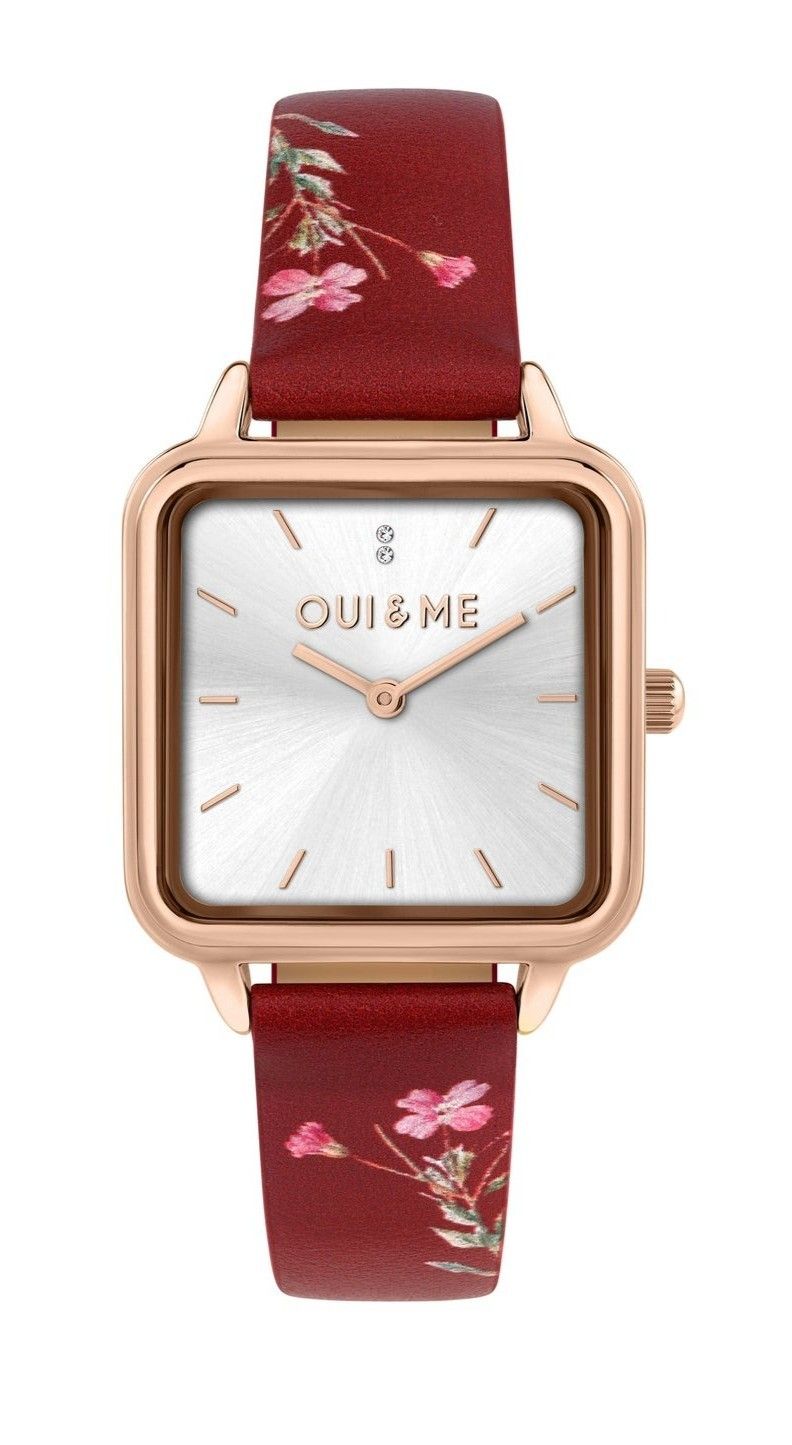 Oui & Me Harmonie Red Recycled Leather Strap Silver Dial. A brand-new Oui & Me Harmonie watch featuring a Silver dial and a Leather strap. Front view.