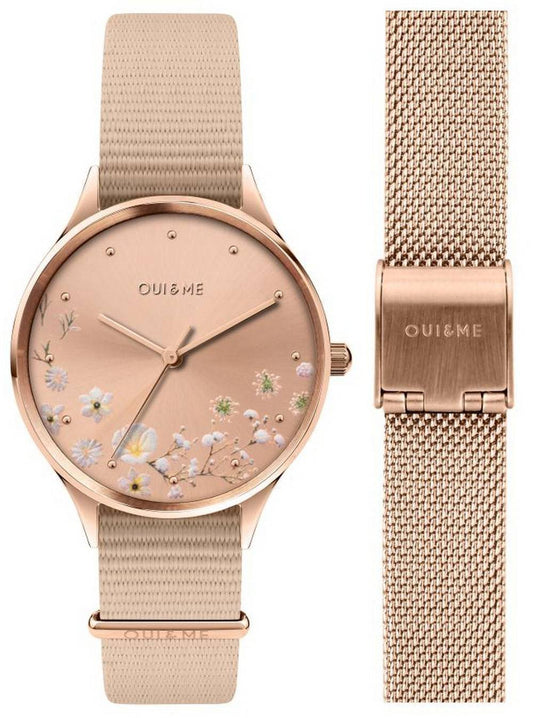 Oui & Me Petite Bichette Rose Gold Sunray Dial Nylon Strap. A brand-new Oui & Me Bichette watch featuring a Rose Gold dial and a Nylon strap. Front view.