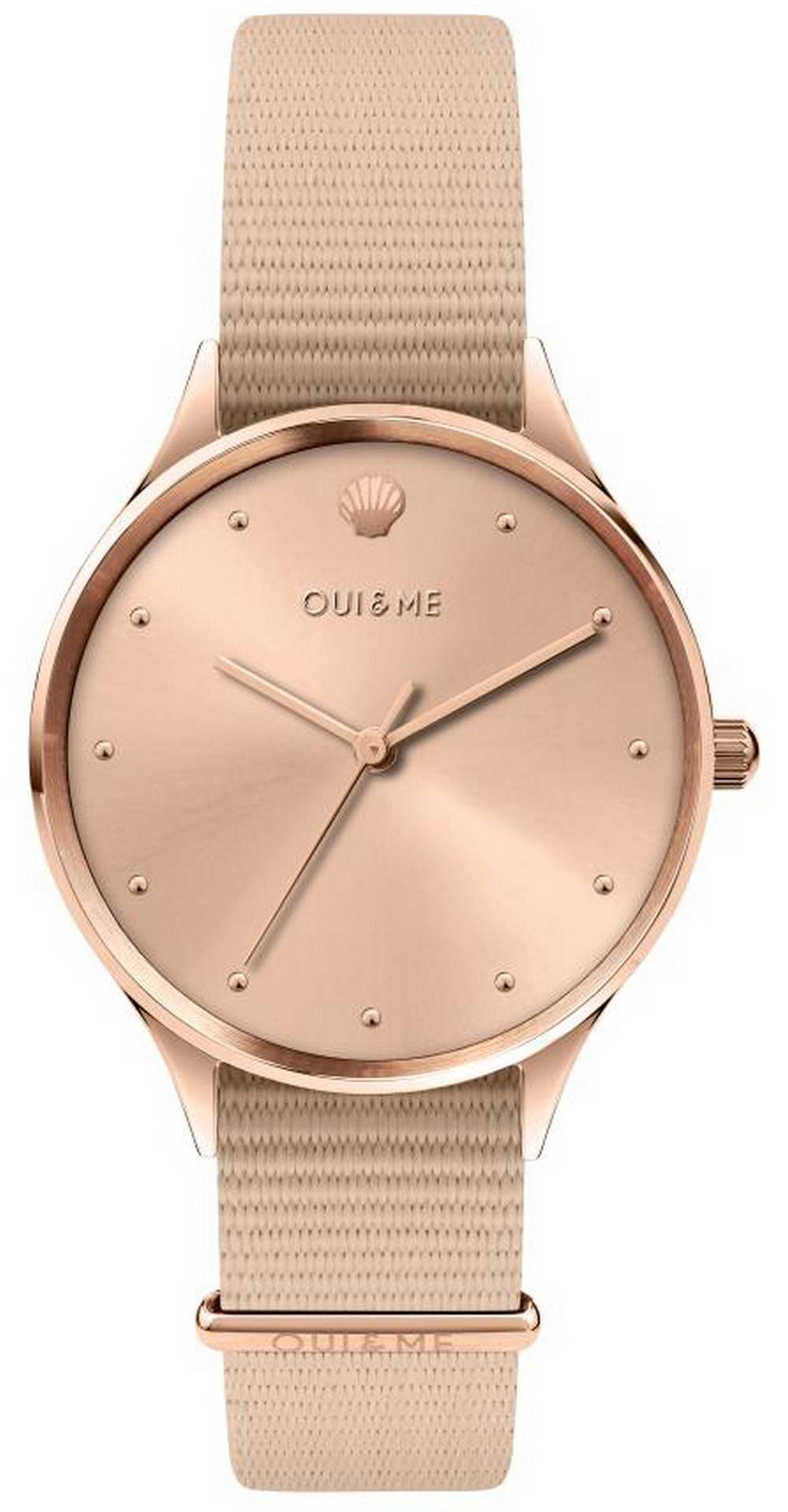 Oui & Me Petite Bichette Rose Gold Sunray Dial Nylon Strap. A brand-new Oui & Me Bichette watch featuring a Rose Gold dial and a Nylon strap. Front view.