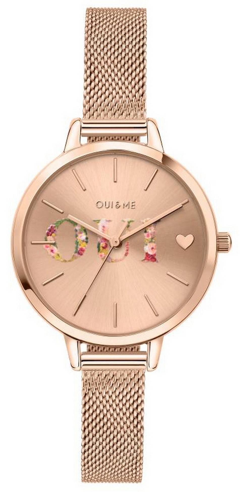 Oui & Me Petite Fleurette Rose Gold Tone Stainless Steel. A brand-new Oui & Me Fleurette watch featuring a Stainless steel strap. Angled view.