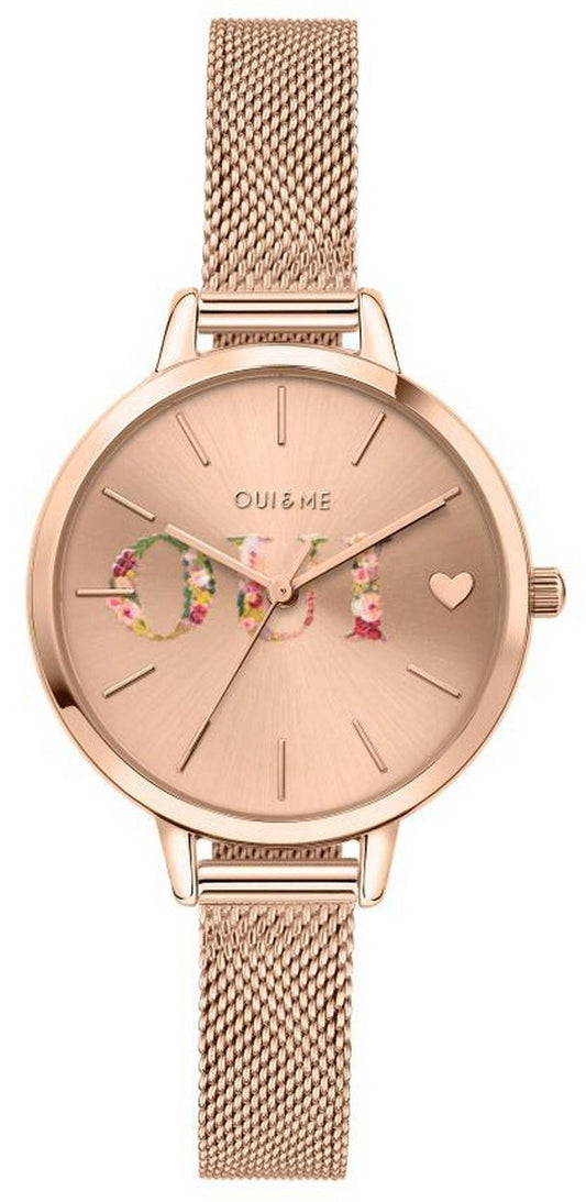 Oui & Me Petite Fleurette Rose Gold Tone Stainless Steel. A brand-new Oui & Me Fleurette watch featuring a Stainless steel strap. Angled view.