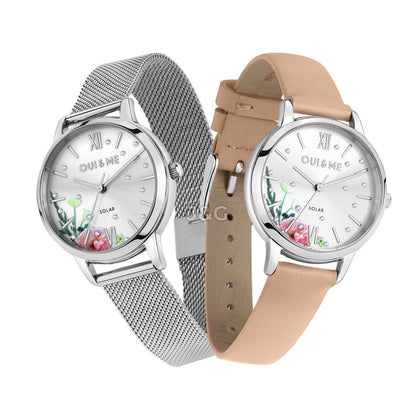 Oui & Me Fleurette Solar powered Silver Leather Female ME010373-. A brand-new Oui & Me Fleurette watch featuring a Silver dial and a Leather strap. Side view. - view 4