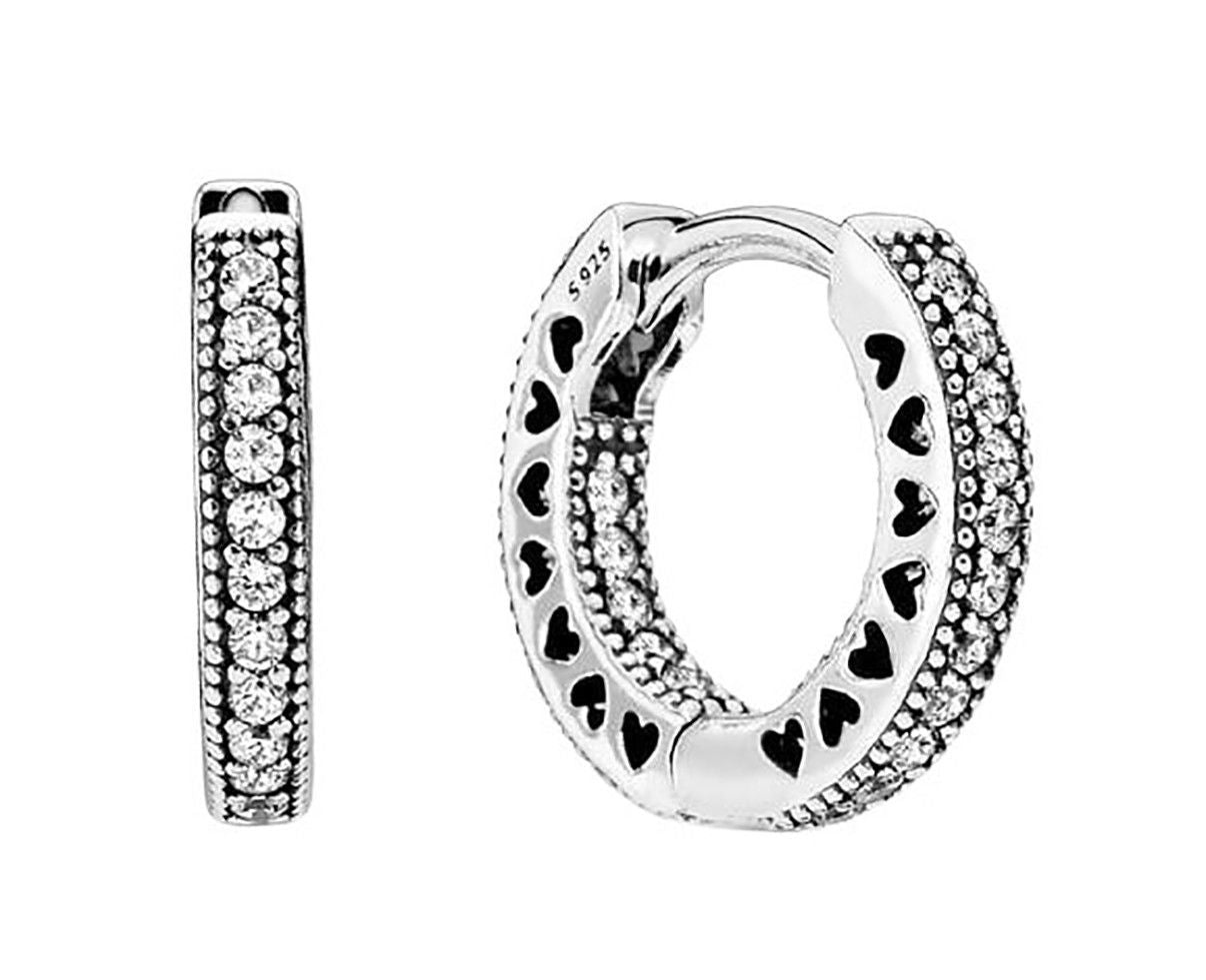 Pandora Pave Heart Hoop Earrings 296317CZ For Women. A brand-new PANDORA watch. Angled view.