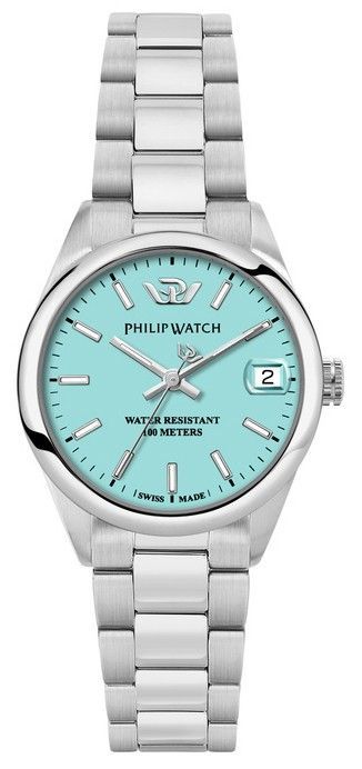 Philip Watch Swiss Made Caribe Urban Stainless Steel. A brand-new Philip Watch Caribe watch featuring a Turquoise dial and a Stainless steel strap. Side view.