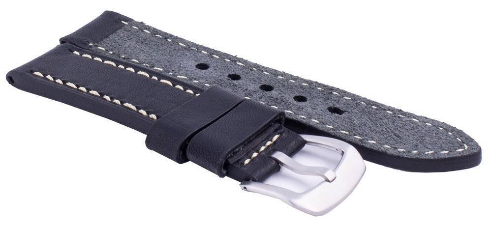 Ratio Black Leather Watch Strap 22mm Stainless Steel. A brand-new RATIO watch featuring a Leather strap. Side view.