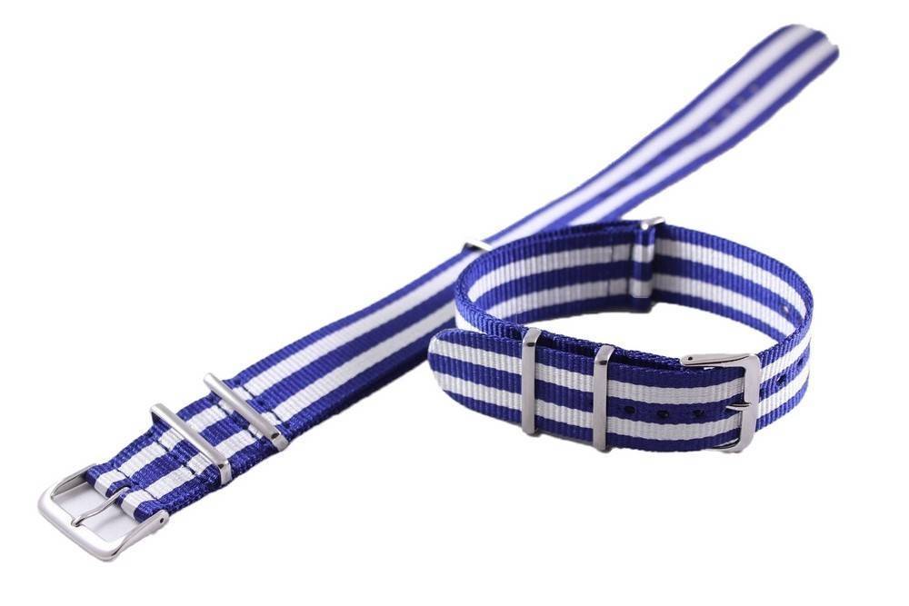 Ratio Blue And White Nato Watch Strap 22mm Water Resistant. A brand-new RATIO Nato watch. Side view.