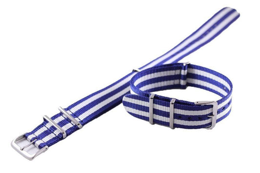Ratio Blue And White Nato Watch Strap 22mm Water Resistant. A brand-new RATIO Nato watch. Side view.