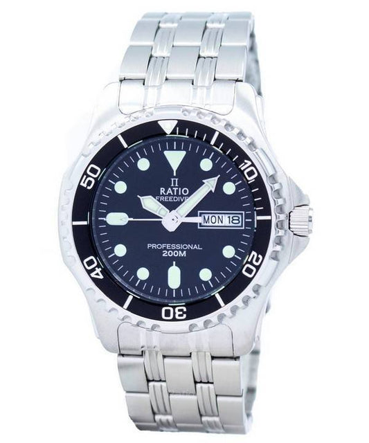 Ratio Free Diver Professional 200M Sapphire Quartz. A brand-new RATIO watch featuring a Stainless steel strap. Side view.