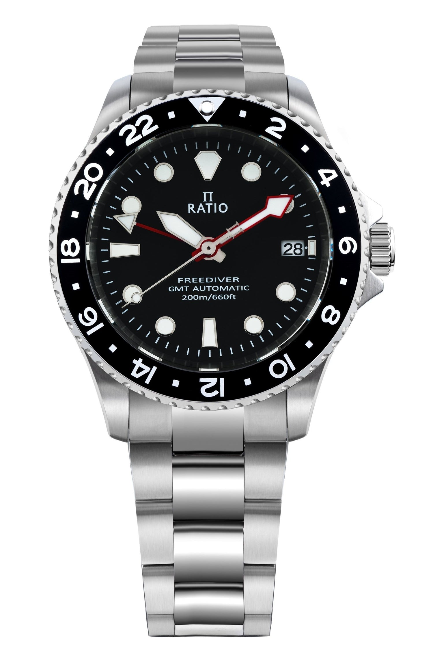 Ratio FreeDiver GMT Series Sapphire Stainless Steel Black. A brand-new RATIO FreeDiver watch featuring a Black dial and a Stainless steel strap. Side view.