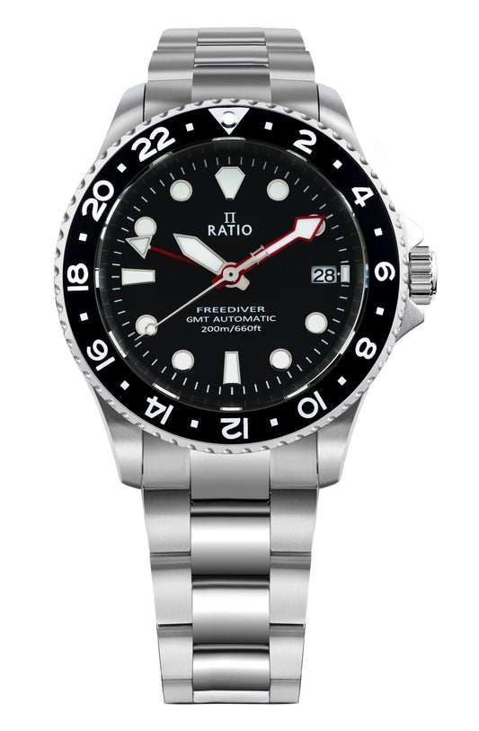 Ratio FreeDiver GMT Series Sapphire Stainless Steel Black. A brand-new RATIO FreeDiver watch featuring a Black dial and a Stainless steel strap. Side view.