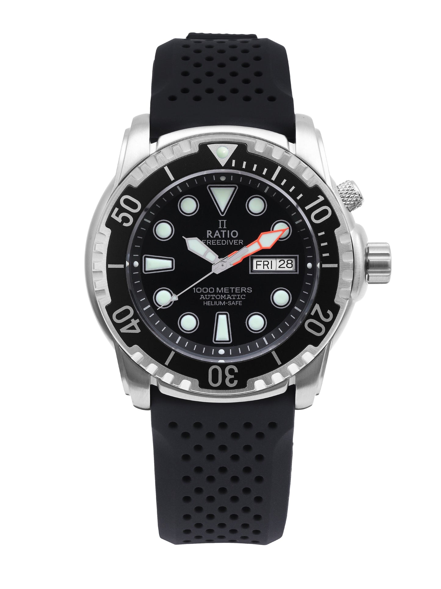 Ratio FreeDiver Helium-Safe 1000M Sapphire Automatic. A brand-new RATIO FreeDiver watch featuring a Silicone strap. Side view.